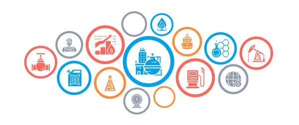 Ícones de negócios da indústria do petróleo ilustração conceito. Caminhão de combustível, Engenheiro, Gasolina, Design de banner de navio de carga para site e aplicativo móvel. — Vetor de Stock