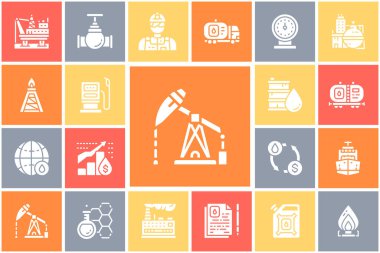 Petrol endüstrisi simgeleri ayarlandı. Yakıt kamyonu, Mühendis, Benzin, Kargo Gemisi illüstrasyon reklam, başlık afişi, web sitesi.