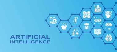 Yapay Zeka tanıtım afişi. Robot bilimi, Chatbot, Veritabanı, Büyük Veri Çizimi. Web pankartı düzeni şablonu.