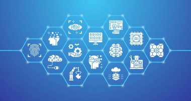 Taslak simgeli yapay zeka afişi. Robotik, Chatbot, Veritabanı, Büyük Veri Yatay Tanıtım İllüstrasyonu.