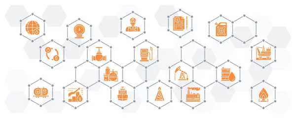 Banner vectorial de la industria petrolera con iconos. Camión de combustible, Ingeniero, Gasolina, Cargo Ship web infographic. — Archivo Imágenes Vectoriales