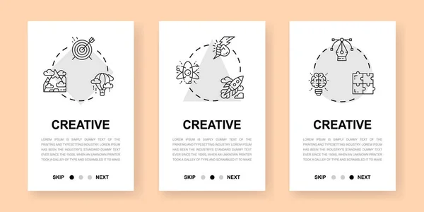 Pantallas creativas de aplicaciones móviles. Innovación, startup, obras de arte, proyectos, banners verticales de ideas para el desarrollo de sitios web. Ilustración del diseño del sitio web. — Vector de stock