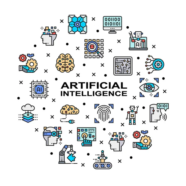 Artificiell intelligens cirkel marknadsföring ikon banner. Robotik, Chatbot, Databas, Big Data design element med linjär ikon illustrationer Royaltyfria illustrationer