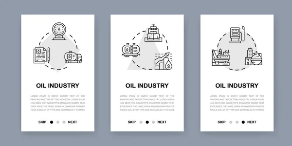 Schermi delle app mobili per l'industria petrolifera. Fuel Truck, Ingegnere, Benzina, Nave da carico banner verticali per lo sviluppo del sito web. Illustrazione della progettazione del sito web. — Vettoriale Stock