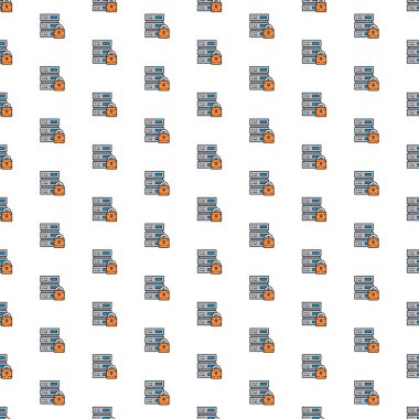 Vektör güvenli sunucu, veri merkezi, çeşitli simgelerle ağ sunucu deseni.