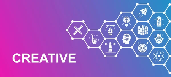 Banner de ícones de promoção criativa. Inovação, startup, arte, projeto, ilustração de ideia. Modelo de layout de banner web. —  Vetores de Stock