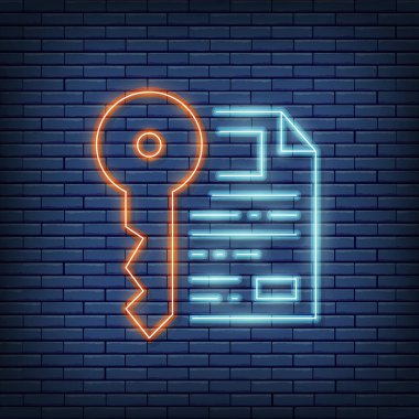 Anahtar, sertifika, güvenli kağıt neon işareti olan vektör belgesi. Neon biçiminde vektör illüstrasyonu.