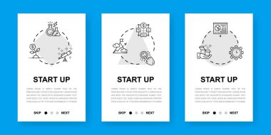 Dikey uygulama ekranlarını çalıştır. Web sitesi tasarım illüstrasyonu. Web sitesi geliştirme için zaman yönetimi, fikir oluşturma, sunum mobil pankartları.