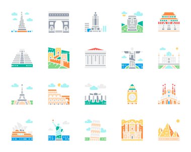 Seyahat yeri beyaz çizgi simgesi seti. Mısır, İtalya, Birleşik Krallık, ABD, Fransa, Çin ve daha fazlası.