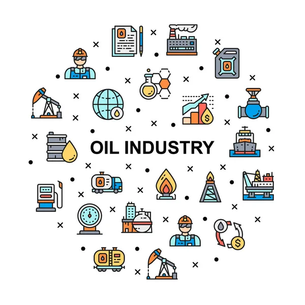 Industria petrolifera cerchio promozione icona banner. Fuel Truck, Ingegnere, Benzina, Cargo Ship elemento di design con icone lineari illustrazioni. — Vettoriale Stock