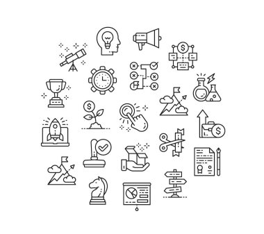 Satır simgesi ayarını başlat. Zaman yönetimi, fikir oluşturma, sunum simgeleri beyaz arkaplanda izole edilmiş bir çember içinde.