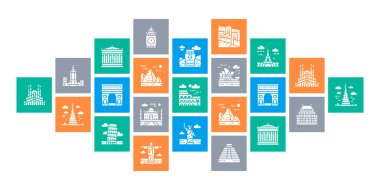 Seyahat Landmark düz tasarım web pankartı. Mısır, İtalya, Birleşik Krallık, Fransa, Hindistan, ABD çizgi simgeleri beyaz arkaplanda izole edildi.