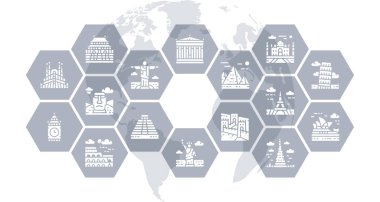 Seyyar Landmark ince simge vektör illüstrasyonu. Mısır, İtalya, İngiltere, Fransa, Hindistan, ABD grafik web tasarımı için tasarım konsepti unsurları.