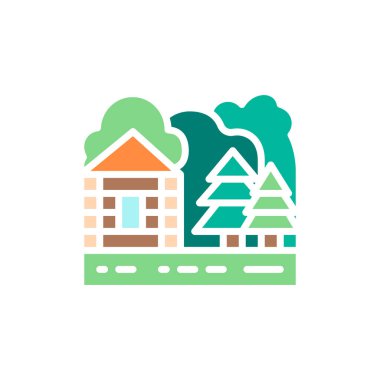 Vektör orman evi, doğa manzarası beyaz çizgi ikonu. Sembol ve işaret tasarımı.