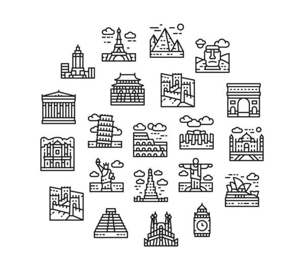 Seyahat simgesi simgesi seti. Mısır, İtalya, Birleşik Krallık, Fransa, Hindistan, ABD simgeleri beyaz arka planda izole edilmiş bir daire içinde.