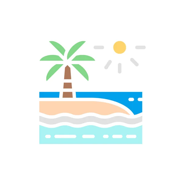 Plage vectorielle avec des palmiers paysage ligne blanche icône. Illustration de symboles et de signes. — Image vectorielle