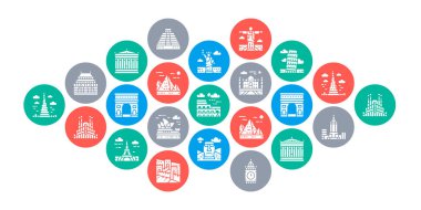 Seyahat yeri konsept vektör tasarımı. Mısır, İtalya, İngiltere, Fransa, Hindistan, ABD illüstrasyonu. Web pankartı düzeni şablonu.