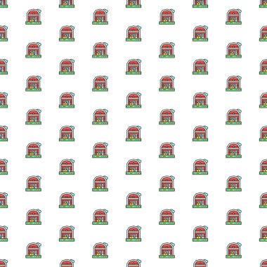 Vector farm house landscape pattern with various icons. Symbol texture design.