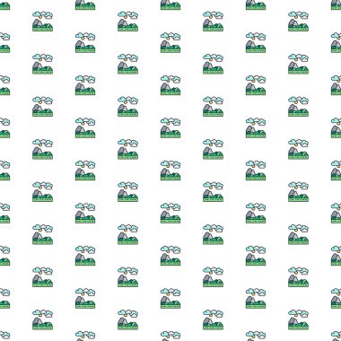 Vector tepeleri, çeşitli ikonlu dağ manzarası deseni. Sembol dokusu tasarımı.