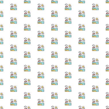 Kum manzaralı vektör plaj şemsiyesi ve çeşitli simgeler. Sembol dokusu tasarımı.