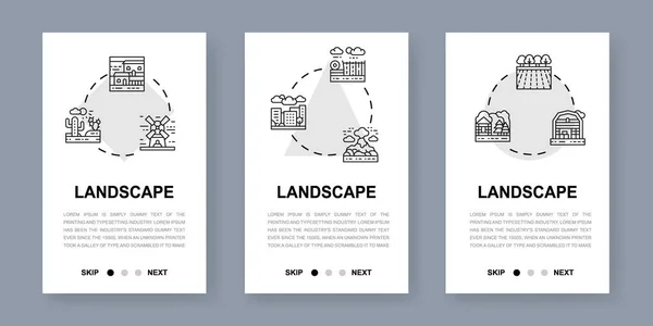 Κάθετες οθόνες εφαρμογών τοπίου. Εικονογράφηση σχεδίασης ιστοσελίδας. Γέφυρα, Δάσος, Κήπος, Ηφαίστειο, Windmill mobile banners για ανάπτυξη ιστοσελίδας. — Διανυσματικό Αρχείο