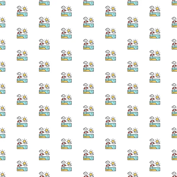 Kum manzaralı vektör plaj şemsiyesi ve çeşitli simgeler. Sembol dokusu tasarımı.