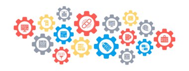 SEO vektör bayrak tasarımı konsepti. Yer imi, Ev Sahipliği, Hiper Bağlantı, Reklam, İnce çizgi simgeleriyle Veri Aktarımı düz biçim illüstrasyonu.