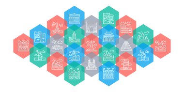 Seyahat Simgesi web sayfası afişi. Mısır, İtalya, İngiltere, Fransa, Hindistan, ABD çizgi simgeleri kavramı beyaz arkaplanda izole.