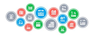 Peyzaj konsepti illüstrasyon afişi. Bridge, Forest, Garden, Volcano, Web sayfası için Windmill vektör pankartı.