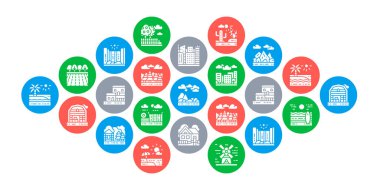 Peyzaj konsepti vektör tasarımı. Köprü, Orman, Bahçe, Volkan, Yel değirmeni çizimi. Web pankartı düzeni şablonu.