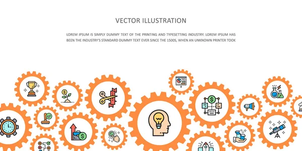 Start up landing page with colored icons. Time management, idea generation, presentation business icon banner. — Image vectorielle