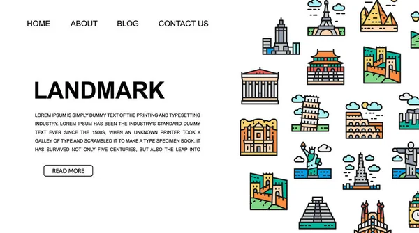 Reizen Landmark landing page ontwerp template. Egypte, Italië, Verenigd Koninkrijk, Frankrijk, India, Verenigde Staten illustratie voor website ontwerp, zakelijke presentatie. — Stockvector