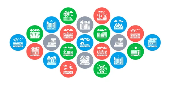 Peyzaj konsepti vektör tasarımı. Köprü, Orman, Bahçe, Volkan, Yel değirmeni çizimi. Web pankartı düzeni şablonu.