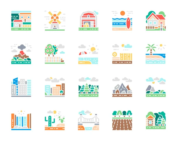 Set of Landscape white icon. Bridge, Desert, Forest, Garden, Volcano, Windmill and more. — Vetor de Stock