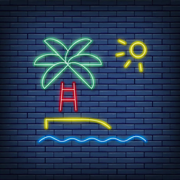 Vector beach with palm trees landscape neon sign. Vector illustration in neon style. — Image vectorielle
