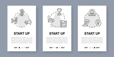 Mobil uygulama ekranlarını çalıştır. Zaman yönetimi, fikir üretimi, web sitesi geliştirme için dikey pankartlar. Web sitesi tasarımı illüstrasyonu.