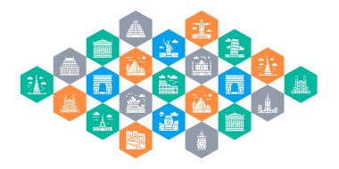 Travel Landmark tasarım web pankartı. Mısır, İtalya, İngiltere, Fransa, Hindistan, ABD 'nin web pazarlama ve grafik tasarımı illüstrasyonu.