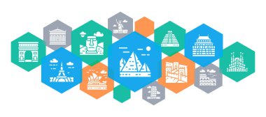 Travel Landmark web pankartı. Mısır, İtalya, Birleşik Krallık, Fransa, Hindistan, ABD vektör yatay çizgi simgeleri.