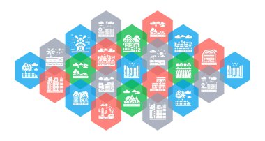 Peyzaj çizgisi simgeleri pankartı. Köprü, Orman, Bahçe, Volkan, Yel değirmeni konsepti ikonu. Düz Vektör İllüstrasyonu.