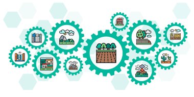 Peyzaj renklendirilmiş ikon vektör pankartı. Köprü, Orman, Bahçe, Volkan, Yel Değirmeni Ağı başlık illüstrasyonu.