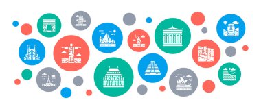 Landmark düz vektör illüstrasyonunu kullan. Mısır, İtalya, İngiltere, Fransa, Hindistan, ABD 'nin afiş, web sitesi tasarımı veya iniş web sayfası konsepti. Turizm için Soyut Zaman.