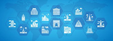 Seyahat simgeleri pankartı. Mısır, İtalya, Birleşik Krallık, Fransa, Hindistan, ABD bilgi vektörü illüstrasyonu. Turizm için Soyut Zaman.