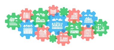 Peyzaj çizgisi simgeleri pankartı. Köprü, Orman, Bahçe, Volkan, Yel değirmeni ikonu beyaz arka planda izole edildi. Soyut Doğa arkaplanı.