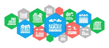 Peyzaj web afişi. Köprü, Orman, Bahçe, Volkan, Yel değirmeni vektör yatay çizgi simgeleri. Soyut Doğa arkaplanı.