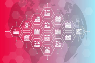 Peyzaj vektör çizimi. Köprü, Orman, Bahçe, Volkan, Yel değirmeni Hattı simgeleri reklam pankartı. Web pankartı şablonu. Soyut Doğa arkaplanı.