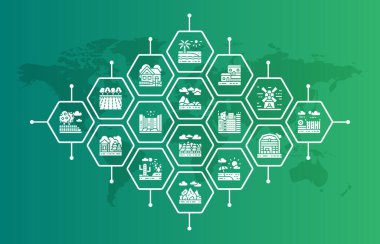 Peyzaj afişi. Bridge, Forest, Garden, Volcano, Windmill illüstrasyon web sayfası afişi veya sunumu için. Soyut Doğa arkaplanı.