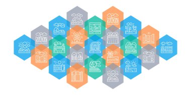 Peyzaj web sayfası afişi. Köprü, Orman, Bahçe, Volkan, Yel değirmeni çizgi simgeleri beyaz arka planda izole edilmiş. Soyut Doğa arkaplanı.