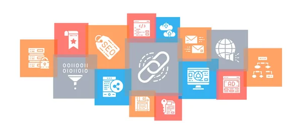 Seo Line Icons Banner Bookmark Hosting Hyperlink Advertisement Data Transfer — Image vectorielle
