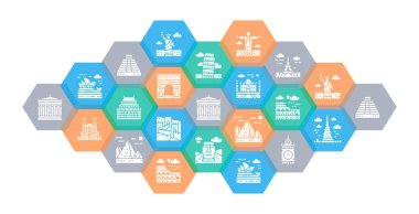 Travel Landmark icon set. Egypt, Italy, United Kingdom, France, India, USA web header banner. Abstract Time to Tourism background.