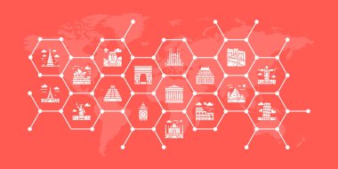 Travel Landmark editable icons design illustration. Egypt, Italy, United Kingdom, France, India, USA icon promotion banner for graphic web design. Abstract Time to Tourism background.